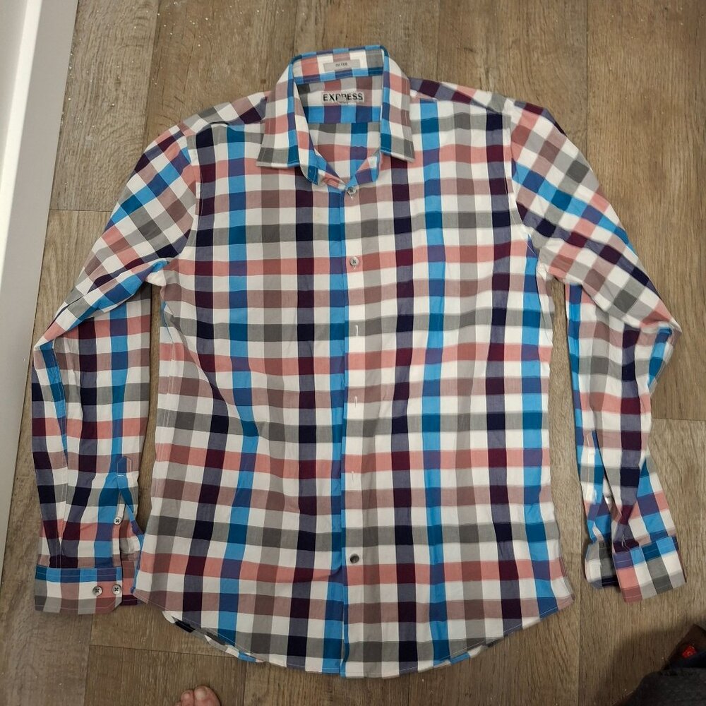 Express Mens Fitted Plaid Long Sleeve Shirt Size L Cotton Button Cuffs 11/2013